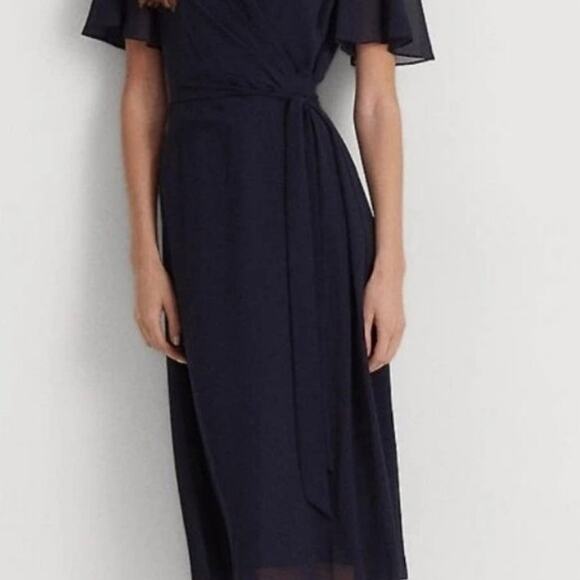 Lauren Ralph Lauren Dresses & Skirts - Lauren Ralph Lauren Belted Georgette Dress Dark Navy Blue Size 2